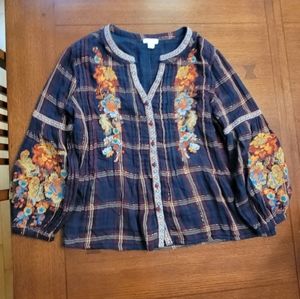 Sundance Zinnia Plaid Embroidered Button Blouse Top Small